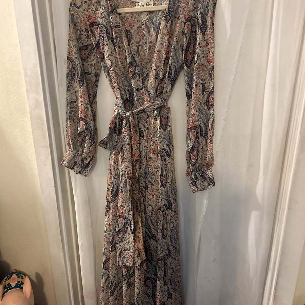 Indigo Rose Paisley Floral Chiffon V-Neck Long Sleeve Maxi Dress